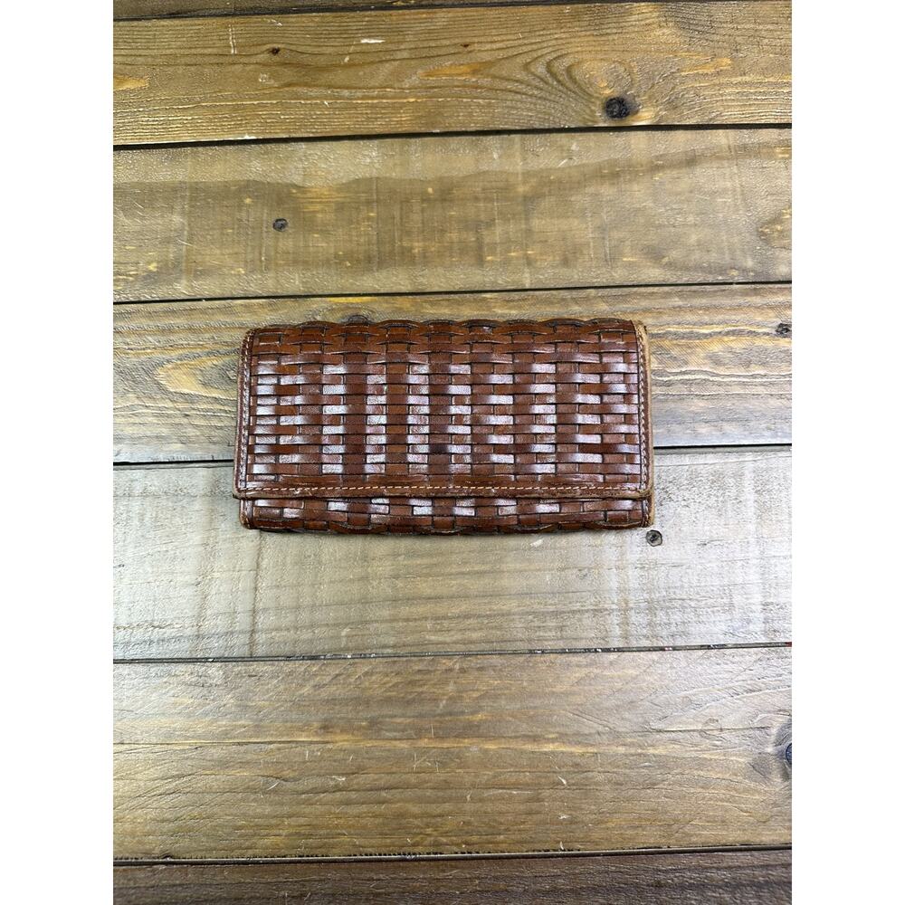 Fossil Woven Bifold Wallet Natural Brown Leather Snap Slim